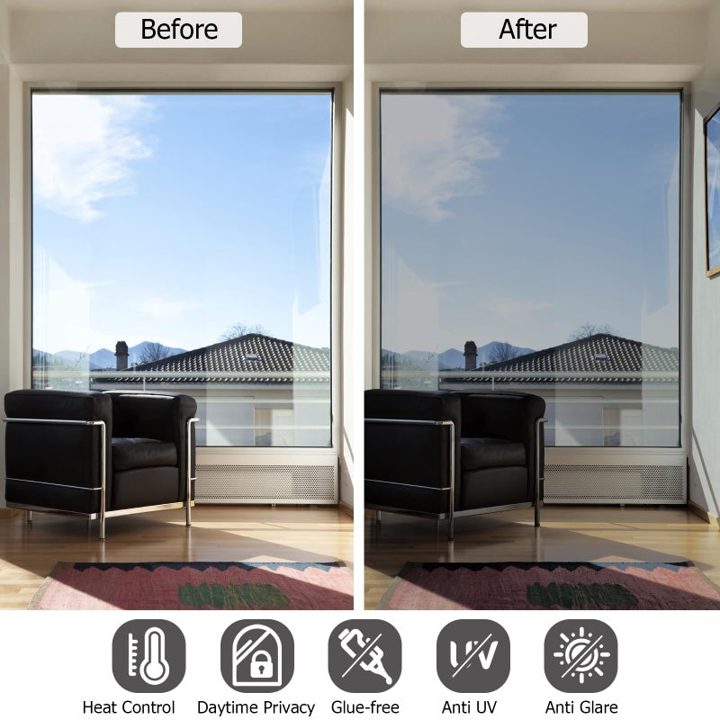 HIDBEA One Way Privacy Window Film, Daytime Privacy Sun Blocking Anti UV Reflective Window Film Heat Control Static Cling Window Tint Film for Home and Office, Silver, 17.5 x 78.7 Inch - Image 3